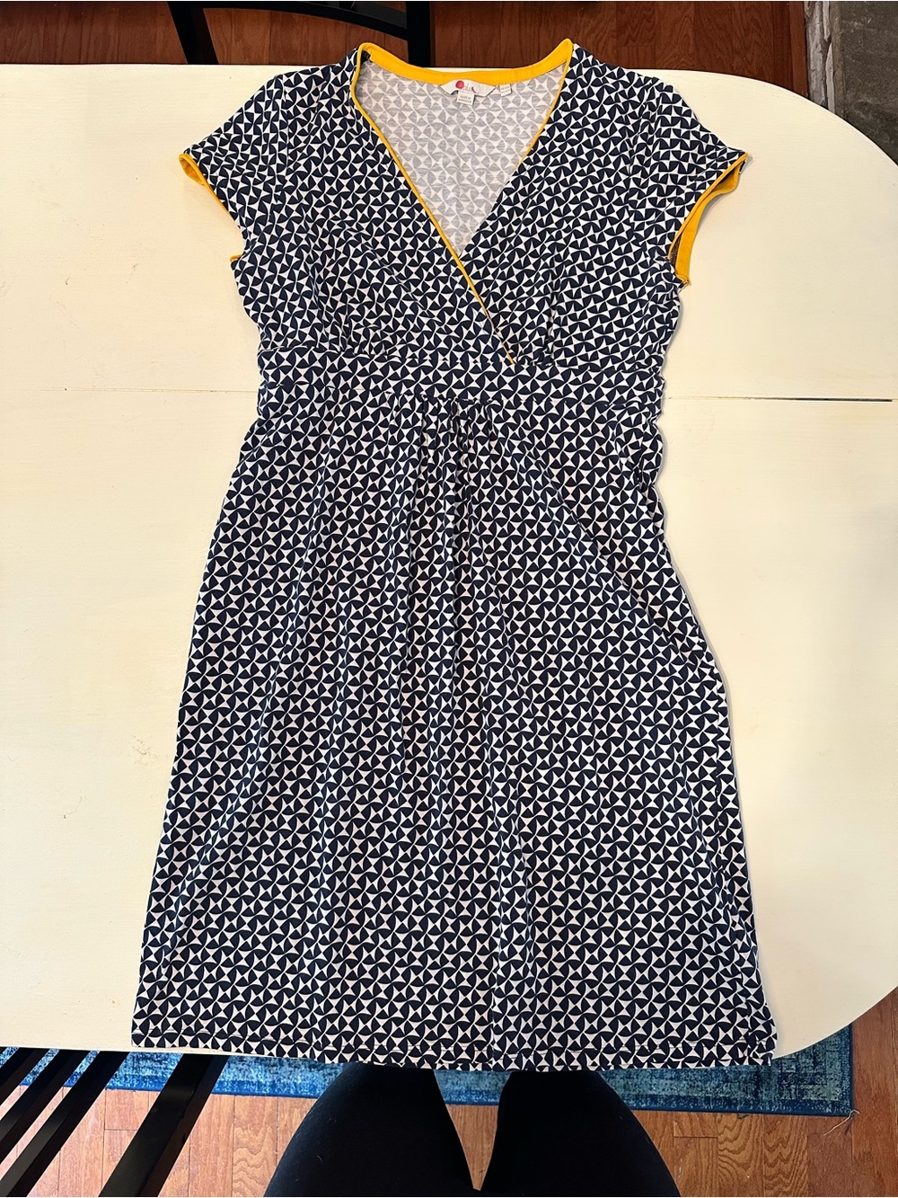 Boden Navy Geometric Wrap Dress with Yellow Trim